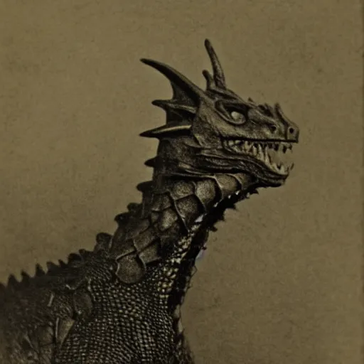 Prompt: victorian photograph of a real dragon, rutowski, highly realistic, scaly, grainy photo, very blurry, creature, faded, taken in the 1 8 8 0 s, 1 8 7 0 s, 1 8 9 0 s