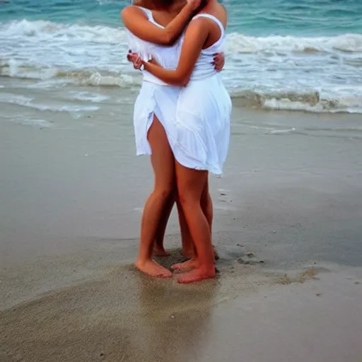 Prompt: naturistic couple of beautiful lesbians on the beach