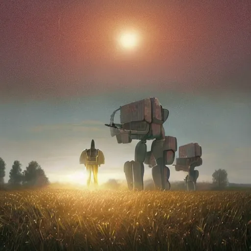 Prompt: giant mech stands over hay field by simon stalenhag, atmospheric haze, children in white jackets below look up, misty blue hour, sci fi digital painting, unreal engine 5, photorealism, hd quality, 8 k resolution, cinema 4 d, 3 d, cinematic, professional photography, art by artgerm and greg rutkowski and alphonse mucha and loish and wlop