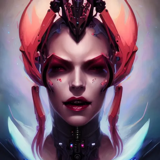 Image similar to a portrait of a beautiful demonic cybernetic queen of vampires, cyberpunk concept art by pete mohrbacher and wlop and artgerm and josan gonzales, digital art, highly detailed, intricate, sci-fi, sharp focus, Trending on Artstation HQ, deviantart, unreal engine 5, 4K UHD image