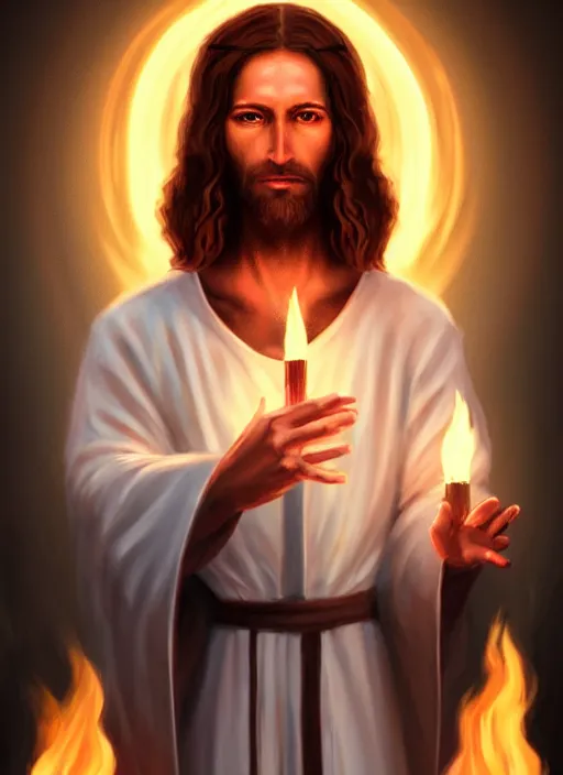 Image similar to « full length portrait of the white - tailed jesus in a white robe and flame in eyes, seven stars in right hand, grim - lighting, high - contrast, intricate, elegant, highly detailed, digital painting, artstation, concept art, smooth, sharp focus, illustration »