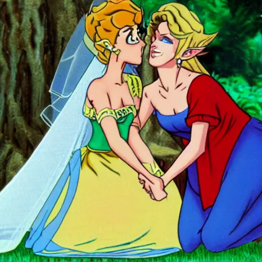 Prompt: photo of the lesbian wedding between princess peach and zelda circa 1 9 8 6