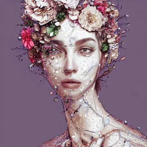 Image similar to the portrait of an absurdly beautiful, graceful, elegant, sophisticated, fashionable young woman made of strawberries and white petals with tears, an ultrafine hyperdetailed illustration by kim jung gi, irakli nadar, intricate linework, bright colors, octopath traveler, final fantasy, unreal engine 5 highly rendered, global illumination, radiant light, detailed and intricate environment