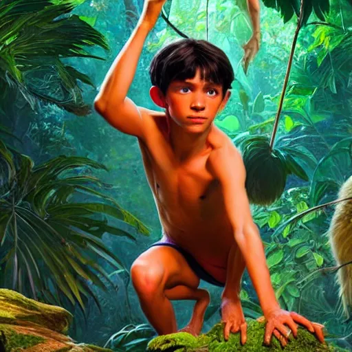 Prompt: skinny young tom holland as mowgli from the jungle book, dynamic lighting, path traced, atmospheric, highly detailed, high quality, beautiful painting, octane render, don bluth, ross tran, studio ghibli, alphonse mucha, jama jurabaev, extremely detailed, brush strokes, artstation, artgerm