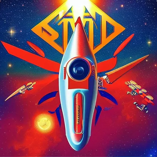 Image similar to spaceship album art, cover art, poster, rocket, queen, journey, starship band