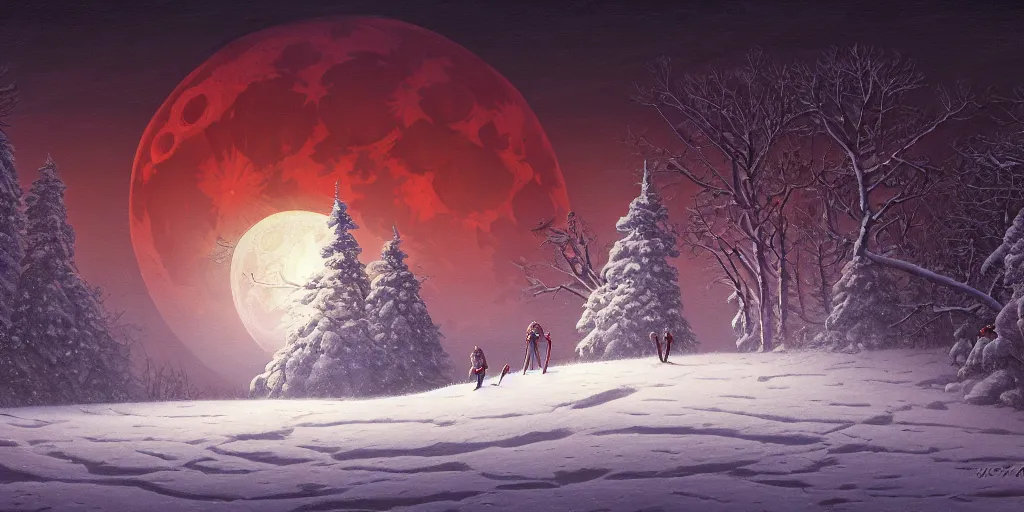 Image similar to painting a snowy landscape under the blood moon, decorated, intricate, elegant, highly detailed, digital painting, artstation, concept art, smooth, sharp focus, illustration, art by gerald brom, 8 k