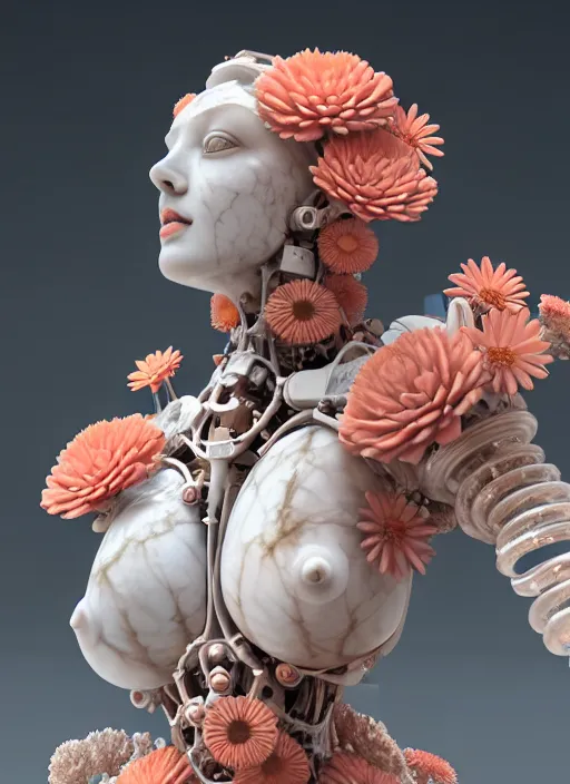 Image similar to beautiful marble statue made of biomechanical corals, daisies, well contoured smooth fair walls, carrying a bottle of perfume, up close shot, sharp focus, global illumination, radiant light, alexandre ferra white mecha, irakli nadar, octane highly render, 4 k, ultra hd,