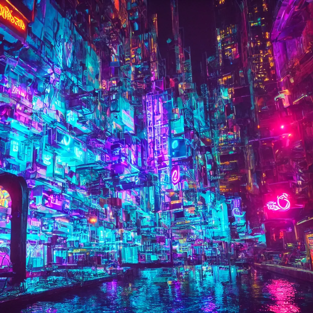 Prompt: underwater, city, neon lights