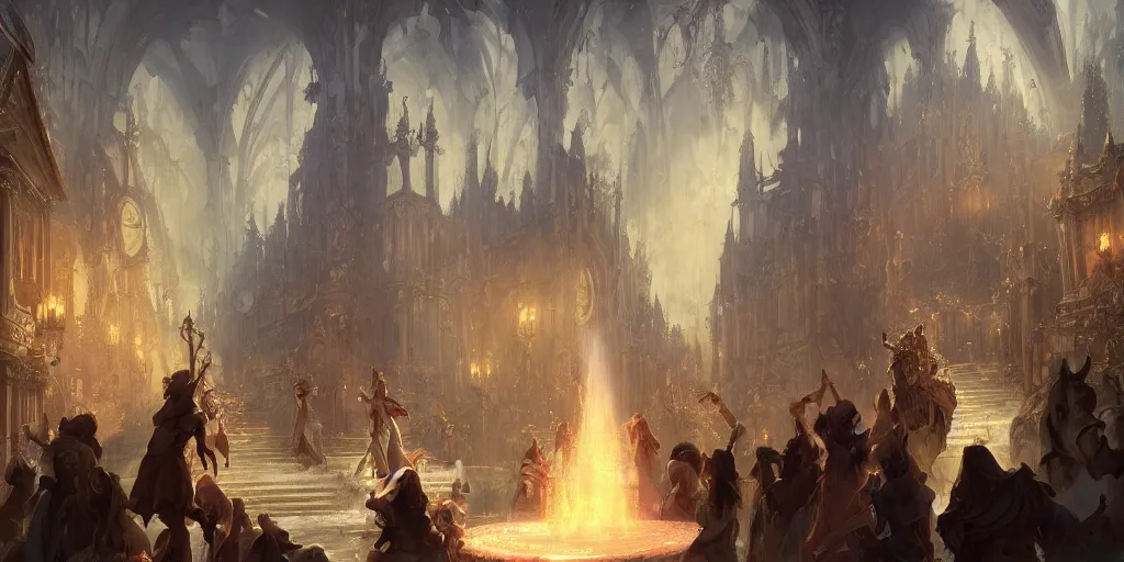 Prompt: fountain of dreams in the baroque era, clerics, staffs, books, choir, hearthstone art style, epic fantasy style art by Craig Mullins, fantasy epic digital art, epic fantasy card game art by Greg Rutkowski