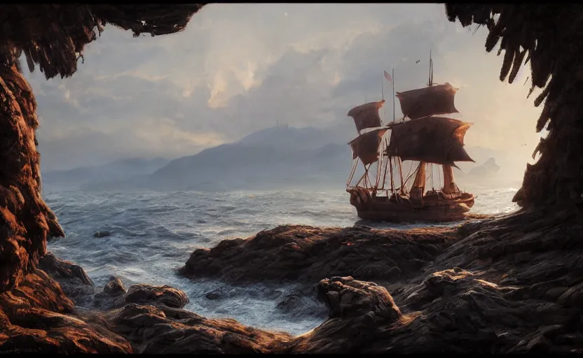 Image similar to old wooden pirate ship, directed by charlie kaufman ( 2 0 0 1 ) anamorphic lenses, a rocky shore in the foreground, foggy volumetric light morning, a beam of light from the heavens, cinematic trending on artstation in the style of greg rutkowski