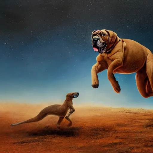 Image similar to a boerboel mastiff running, chasing a kangaroo, detailed, intricate, by jessica rossier