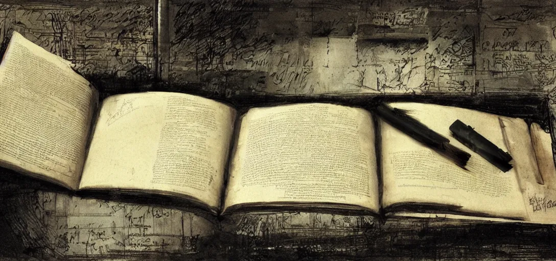 Image similar to an open book on a subway seat with ink bleeding out from the pages, by grimshaw, detailed, concept art