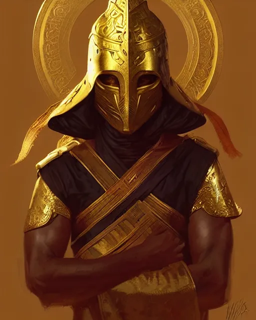 Image similar to eastern warrior with golden mask | | realistic shaded, fine details, realistic shaded lighting poster by greg rutkowski, magali villeneuve, artgerm, jeremy lipkin and michael garmash and rob rey