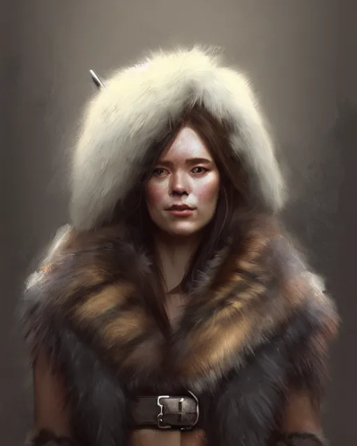 Image similar to a female nordic berserker with bear fur coat | | realistic shaded, unpleasant face, bad looking, fine details, realistic shaded lighting poster by greg rutkowski, magali villeneuve, artgerm, jeremy lipkin and michael garmash and rob rey