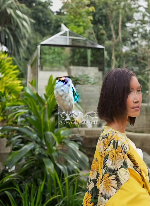 Prompt: head to shoulder portrait film photograph of an elegant top model wearing a yellow kimono with a very detailed barn owl on her shoulder!!! in a tropical greenhouse. looking at the camera!!. slight smile. super resolution. Extremely detailed. sitting inside a fountain. by Jody Rogac.