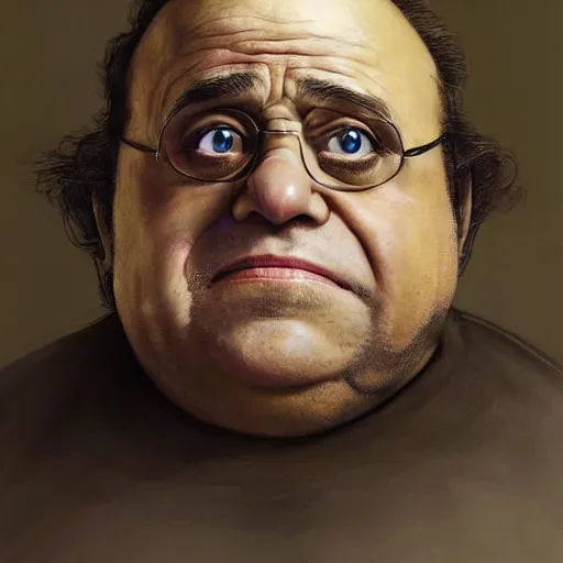 Image similar to hyperrealistic mixed media high resolution painting of !!Danny DeVito!! (dwarf) Lord of the Rings, stunning 3d render inspired art by Jamie Salmon and István Sándorfi and Unreal Engine and Greg Rutkowski, perfect facial symmetry, dim volumetric lighting, 8k octane beautifully detailed render, full body shot, post-processing, extremely hyper-detailed, intricate, epic composition, highly detailed attributes, highly detailed atmosphere, cinematic lighting, masterpiece, trending on artstation, very very detailed, masterpiece, stunning, flawless completion, lifelike texture, perfection,