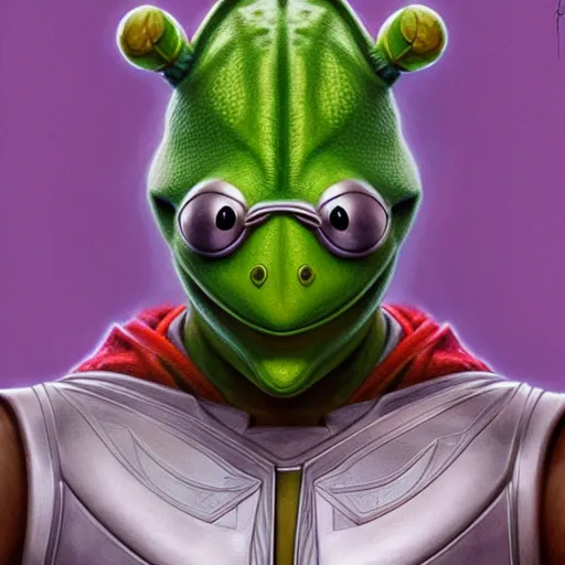 Prompt: symmetry portrait of kermit the frog dressed as thor, intricate, elegant, highly detailed, digital painting, artstation, concept art, smooth, sharp focus, illustration, art by artgerm and greg rutkowski and alphonse mucha