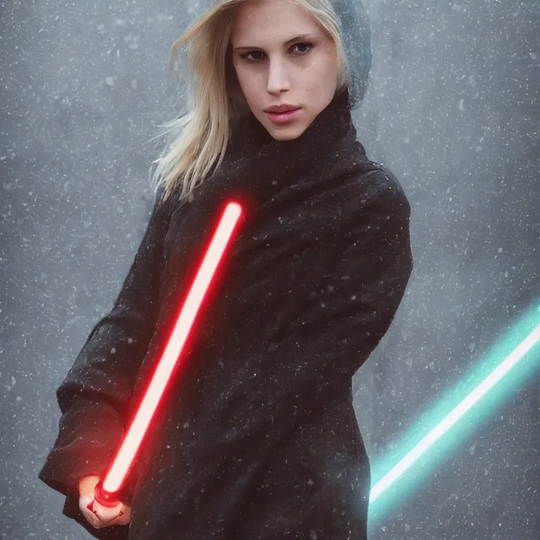 Image similar to cute model annie leonhart holding a lightsaber, beautiful face, detailed face, realistic eyes, pale skin, rule of thirds, cinematic lighting, rainy weather, melancholy atmosphere, volumetric light, realistic reflections, sharp focus, backlit, model agency, instagram photo, shot on sony a 7 iii, beauty filter, postprocessing