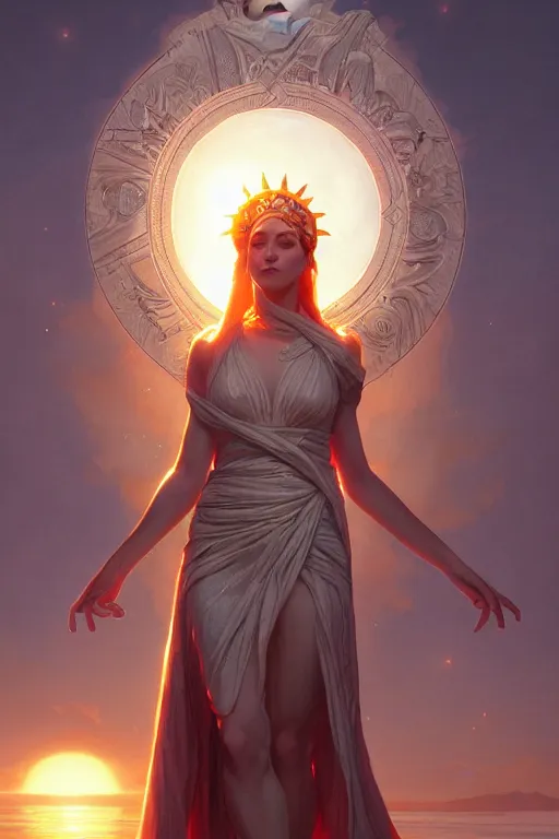 Image similar to goddess of the sun, highly detailed, digital painting, artstation, concept art, smooth, sharp focus, illustration, unreal engine 5, 8 k, art by artgerm and greg rutkowski and edgar maxence