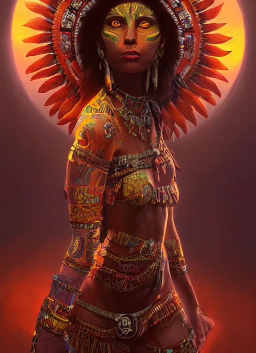 Image similar to aztec sun goddess, vivid colors, dark shadows, contrast, concept art, sharp focus, digital art, Hyper-realistic, 4K, Unreal Engine, Highly Detailed, Dramatic Lighting, Beautiful, by Brom, bastien lecouffe-deharme