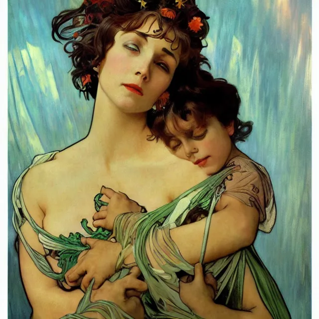 Image similar to an aesthetic! detailed portrait of an aesthetic woman crying mournfully while holding a child, by frank frazetta and alphonse mucha, oil on canvas, bright colors, art nouveau, epic composition, dungeons and dragons fantasy art, hd, god - rays, ray - tracing, crisp contour - lines, huhd - 8 k