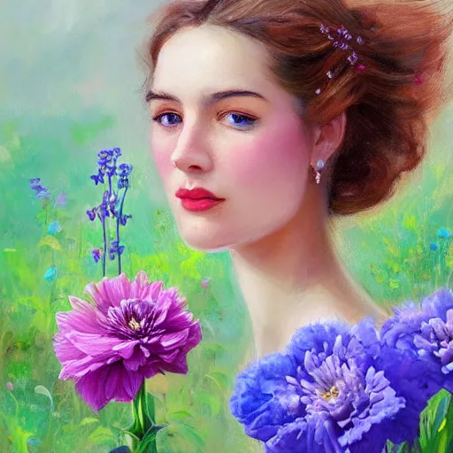 Image similar to a portrait of a romantic woman with flowers grow out of hair, roses peonies forget-me-nots dahlias lupins gladioli, sky theme in background, by Alexandr Averin, Digital Art, Trending on artstation