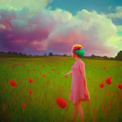 Image similar to large flower head, girl standing in a flower field, surreal photography, sunrise dramatic light, impressionist painting, colorful clouds, digital painting, artstation, simon stalenhag