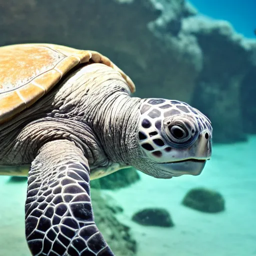 Image similar to seaturtle wearing sleek white modern space armor, 4k, 33mm, award winning photo