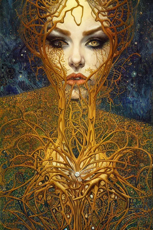 Image similar to Heart of Thorns by Karol Bak, Jean Deville, Gustav Klimt, and Vincent Van Gogh, otherworldly, fractal structures, arcane, prophecy, ornate gilded medieval icon, third eye, spirals