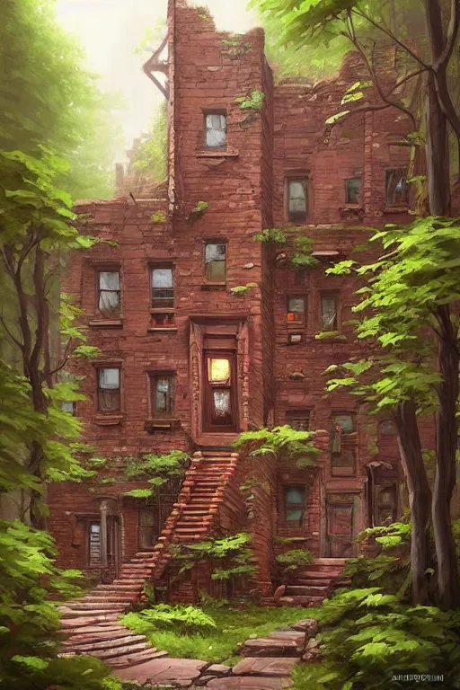 Image similar to (((((a ramshackle manhattan brick brownstone deep in the forest))))) by Andreas Rocha!!!!!!!!!!!!!!!!!!!!!!!!!!!