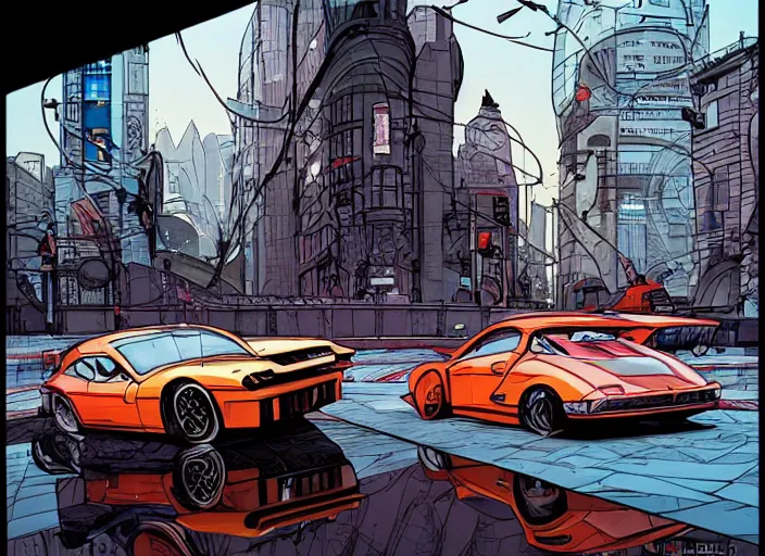 Image similar to a sport car in a city, sharp focus. cinematic pose, cinematic lighting, art by josan gonzales and moebius and deathburger.