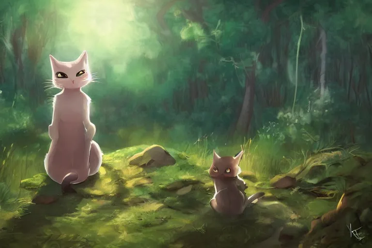 Image similar to cat in the forest, warm backlighting, digital art, trending on artstation, fanart, by kawacy