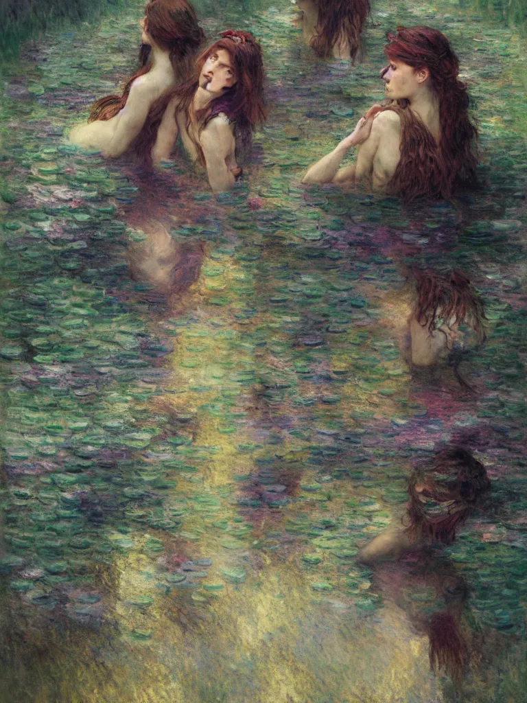 Prompt: illustration studio portrait of three dark beautiful mermaids female energy in artistic poses in the river at the forest, monet painterly motives and textures pattern, hyper detailed, octane render, vivid colors, artstation, by jeremy mann, by alphonse mucha, by monet