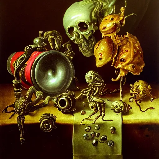 Prompt: disturbing colorful oil painting dutch golden age vanitas still life with bizarre mechanical objects strange gooey surfaces shiny metal bizarre mutant insects rachel ruysch dali todd schorr very detailed perfect composition rule of thirds masterpiece canon 5 0 mm, cinematic lighting, photography, retro, film, kodachrome