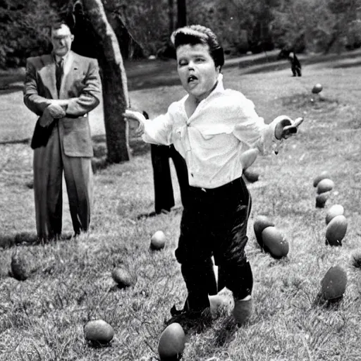 Image similar to historical footage of elvis on an easter egg hunt on easter sunday, 1 9 3 0 s, photorealistic, photo