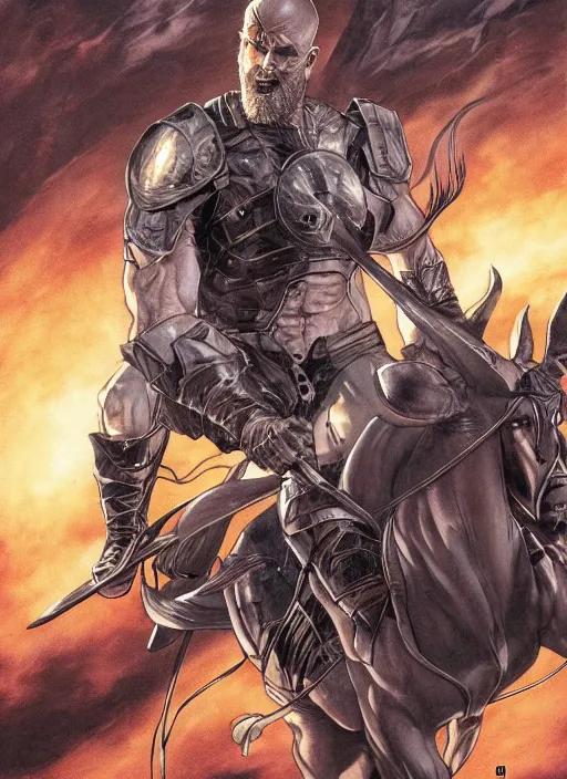 Image similar to bald grey bearded ethan van sciver riding a dark horse into battle, full view, beautiful zoomed out artwork by artgerm and rutkowski, breathtaking, beautifully lit, dramatic, full view