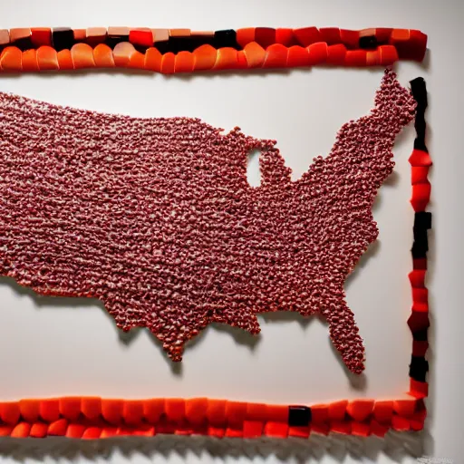 Prompt: A map of the United States made out of sushi. It is on a table next to a glass of red wine