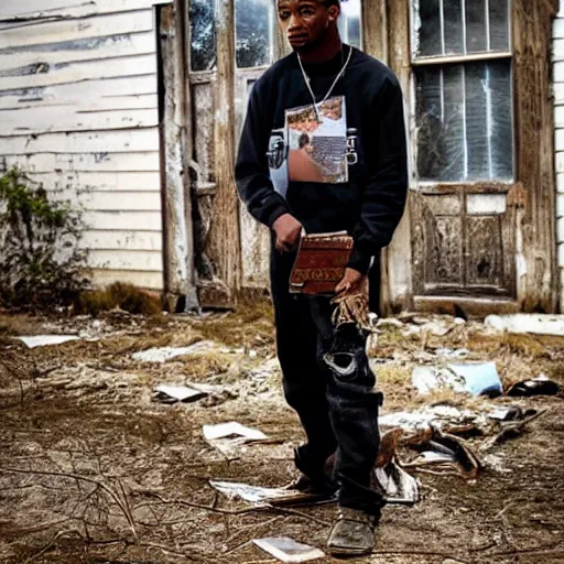 Prompt: 2 1 savage finds a dusty diary on the floor of an abandoned farmhouse, post apocalyptic