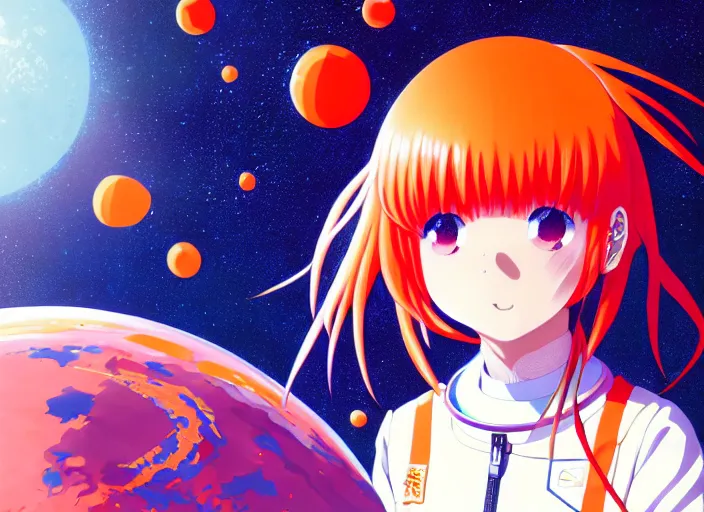 Image similar to anime portrait of a young astronaut girl floating inside a spacestation flowing orange hair no helmet, Karolis Strautniekas,omoide emanon, tsuruta kenji, murata range,kawaii, kyoto animation, manga, intricate, detailed, studio lighting, gradation,editorial illustration, matte print, Ilya Kuvshinov