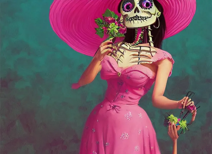 Prompt: cute & beautiful smiling mexican undead skeleton girl wearing a sombrero and a pink dress, elegant, digital art, fantasy, pixar style, painting, pin up, highly detailed, artstation, art by artgerm, vrubel, boris vallejo and ilya kuvshinov
