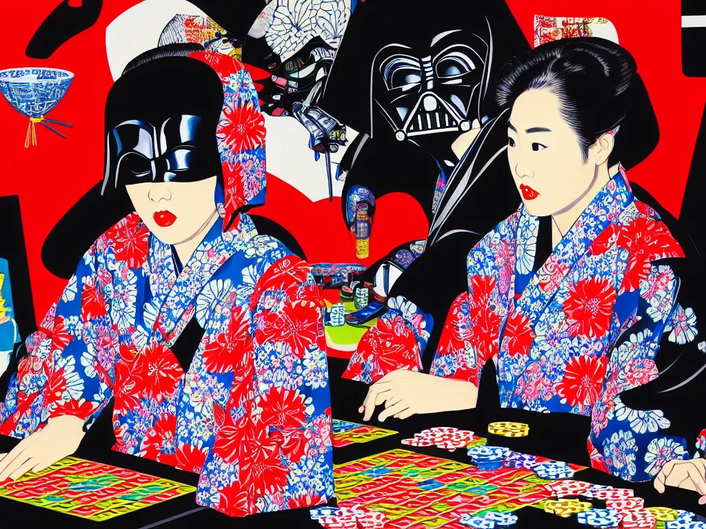 Image similar to hyperrealism composition of the detailed woman in a japanese kimono sitting at an extremely detailed poker table with darth vader, fireworks and folding screen on the background, pop - art style, jacky tsai style, andy warhol style, acrylic on canvas