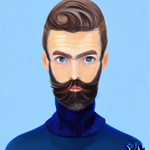 Prompt: gangly man with short dark blond wavy hair, dark blond beard, English heritage, blue eyes, middle aged, wearing a turtleneck and jacket, pale skin, narrow face, digital art, painterly, cartoon, cute, 8k, illustration, art by loish, painterly, trending on artstation, medium shot, uncropped