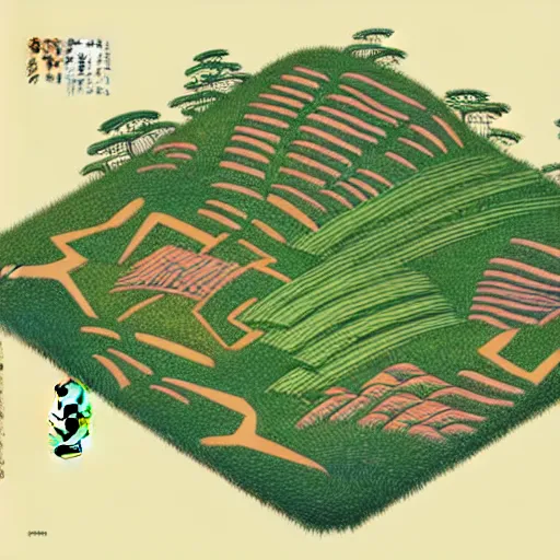 Prompt: 3d isometric botanical illustration of a human settlement in the circular forest besides the mountain, diego rivera in Ukiyo-e style, HD
