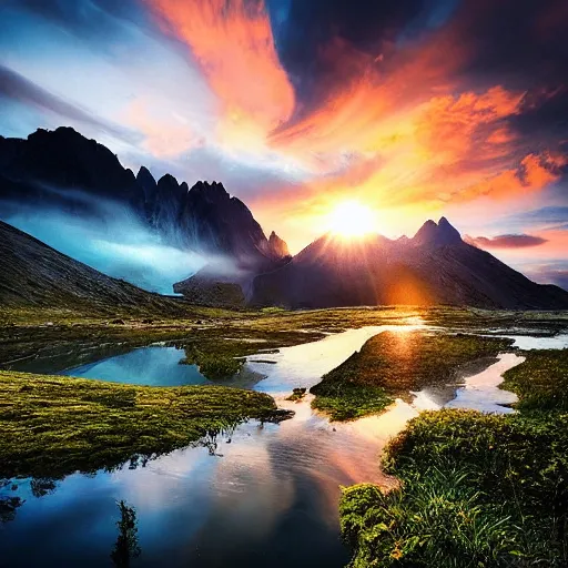 Prompt: landscape photography by felix indrawan, mountains, glacier lake, clouds, dramatic sunlight, sunset, ultra realistic