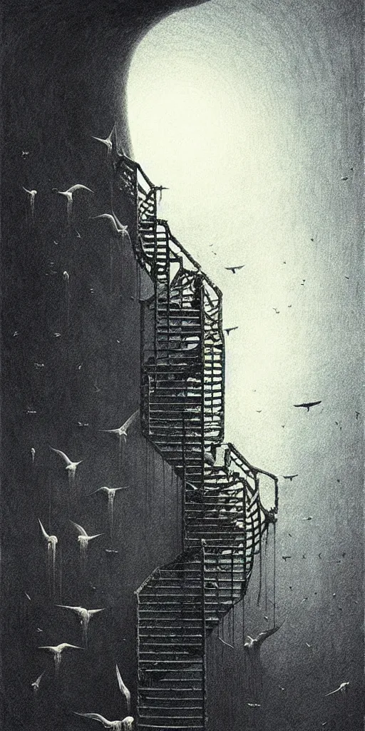 Image similar to big spiral stairways on old ship, inhabited on many levels, flying birds, by beksinski, shining light, strong perspective, clear geometry, architecture, Award winning. Masterpiece, detailed illustration