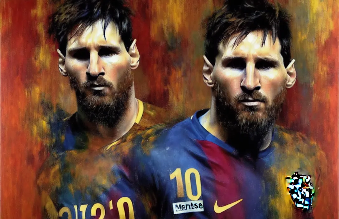 Image similar to portrait of lionel messi!!!!!!!!!!!!!!!!!!!!!!!!!!!, detailed face, detailed painting, epic lighting, by ilya repin, phil hale and kent williams