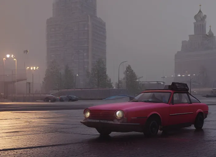 Image similar to hyperrealistic matte painting of screenshot gta in moscow, fine details, rain, people adidas tracksuit, rtx reflections, soviet suburbs, paneled buidlings, fog, night, photorealistic, unreal engine, octane render, volumetric light, action movieб 4 k, 5 0 mm bokeh, russian lada car, by greg rutkowski, artstation