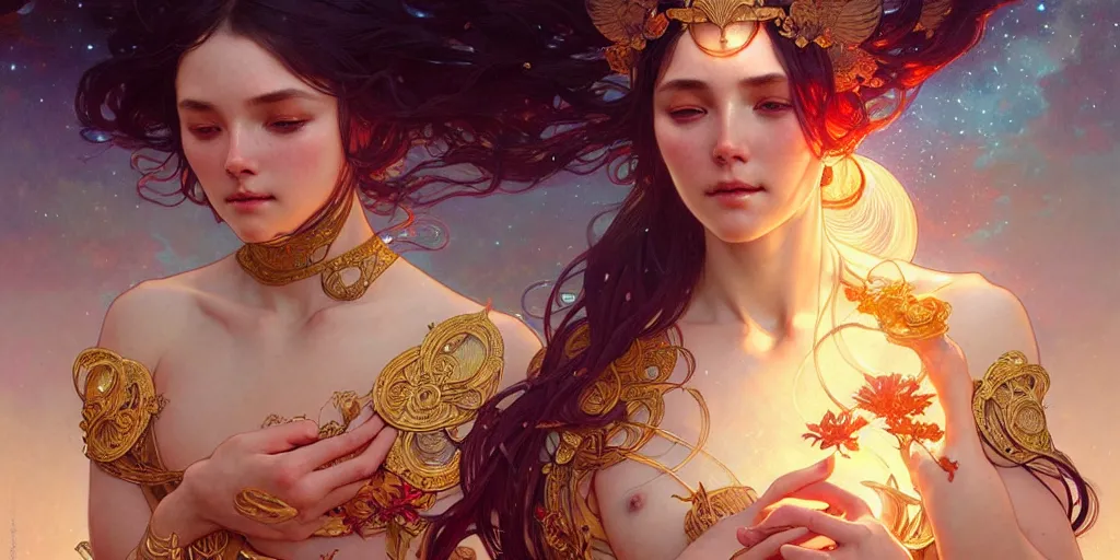 Image similar to a beautiful illustration of a cosmic goddess, intricate, sharp focus, illustration, highly detailed, digital painting, concept art, matte, art by wlop and artgerm and greg rutkowski and alphonse mucha, masterpiece