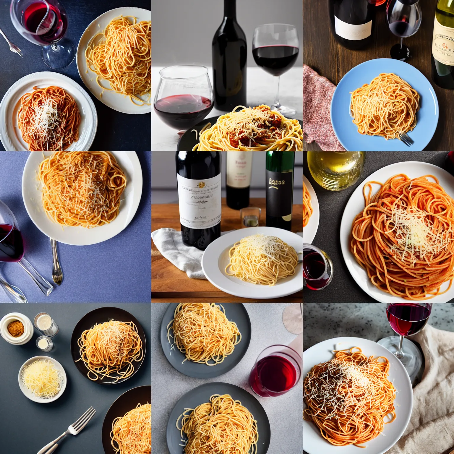 Prompt: a plate of spaghetti, a bottle of wine, lots of parmesan