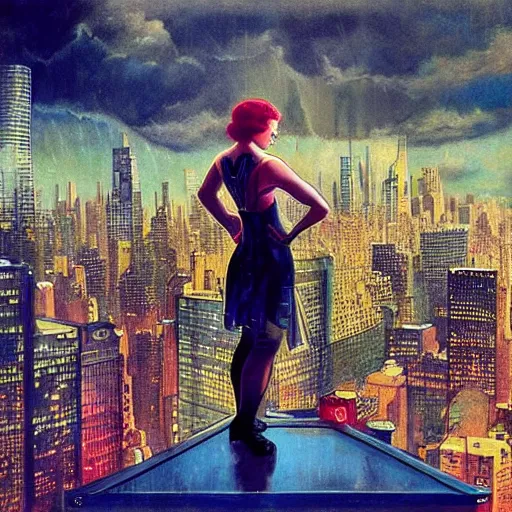 Image similar to “ girl standing on a roof looking down at a futuristic new york city below, ghostpunk, blade runner, cyberpunk, art nouveau, storm clouds, rain, very detailed, by gil elvgren ”